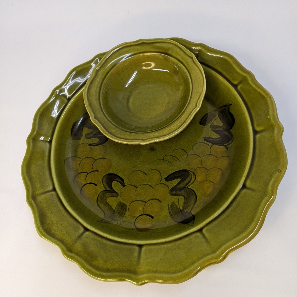 Vintage Los Angeles Potteries Chip/Dip Appetizer Plate Avocado Green
